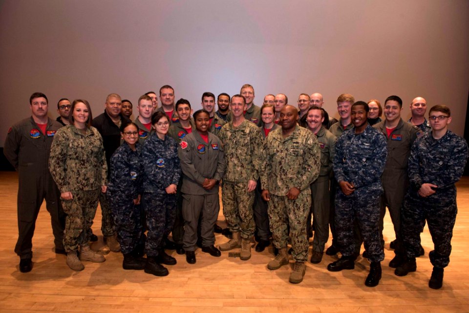 Admiral John Richardson with navy sailors, March 2018