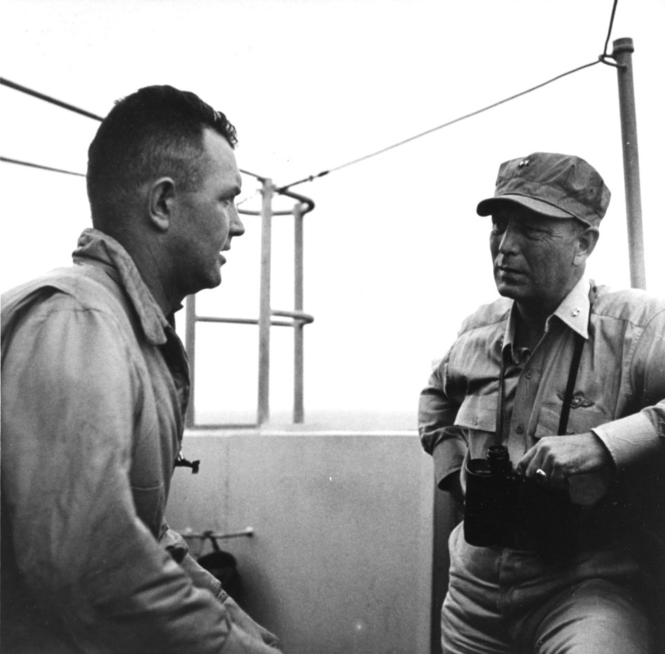 Admiral Radford and Commander Vorse on USS Ticonderoga (CV-14) on 6 November 1944