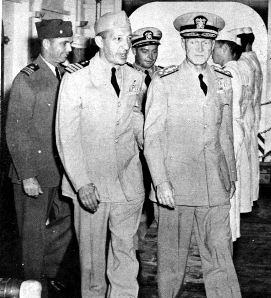 Admiral Marc A. Mitscher visits USS Leyte (CV-32), in 1946