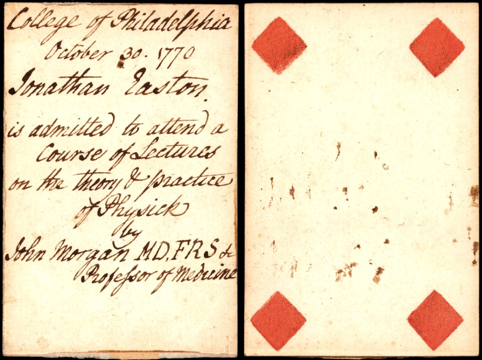 Admission ticket to John Morgan lecture 1770