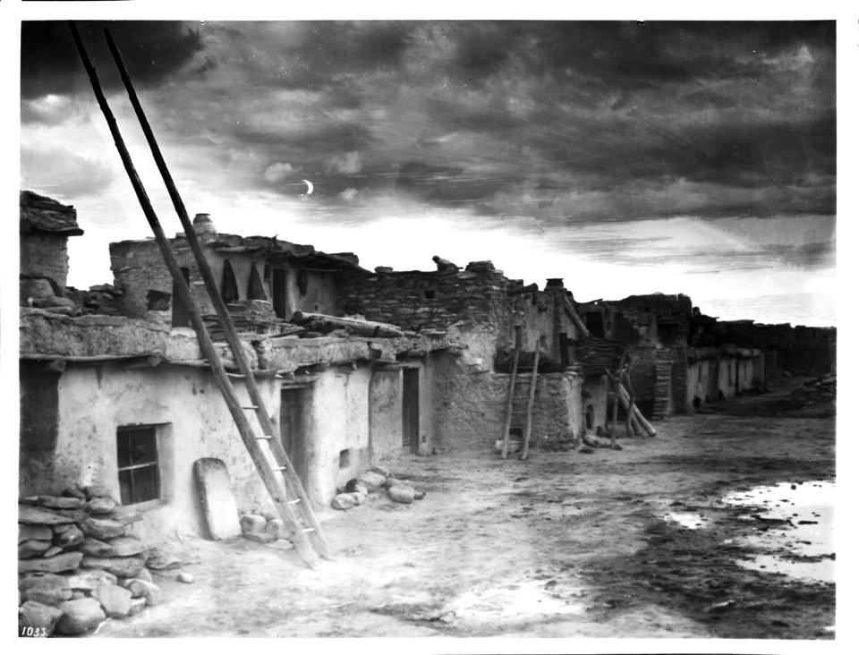 Adobe dwellings in the village of Shonguapavi at night, ca.1900 (CHS-1033)