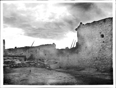 Adobe dwellings in the village of Shonguapavi at sunset, ca.1900 (CHS-1032)
