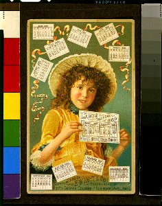 Advertisement for Hoyt's German Cologne and Rubifoam for the Teeth, both manufactured by E.W. Hoyt & Co., Lowell, Mass., illustrated with girl and Ladies Calendar for 1889 LCCN98505236