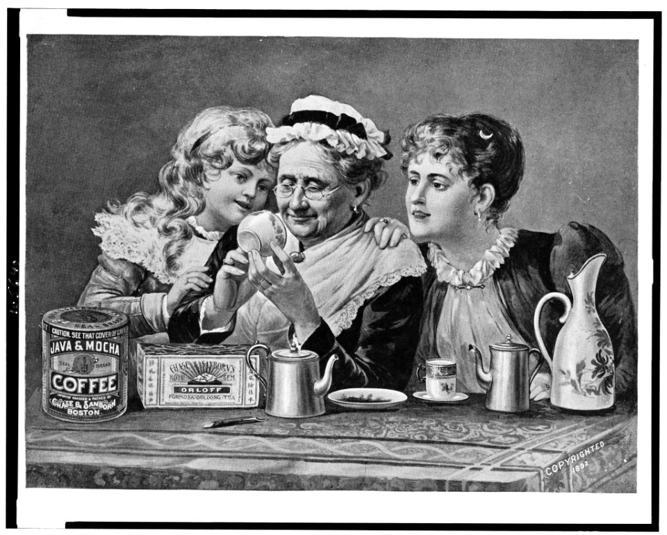 Advertisement label for Chase & Sanborn's coffee and tea, showing two women and a girl looking in cup, can of coffee, box of tea, and pots on table LCCN92520117