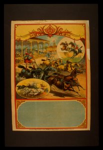 Advertising poster showing two men in classical dress riding four-horse teams during race while spectators in grandstand watch; two vignettes show chariot racing and horse jumping LCCN99472464 photo