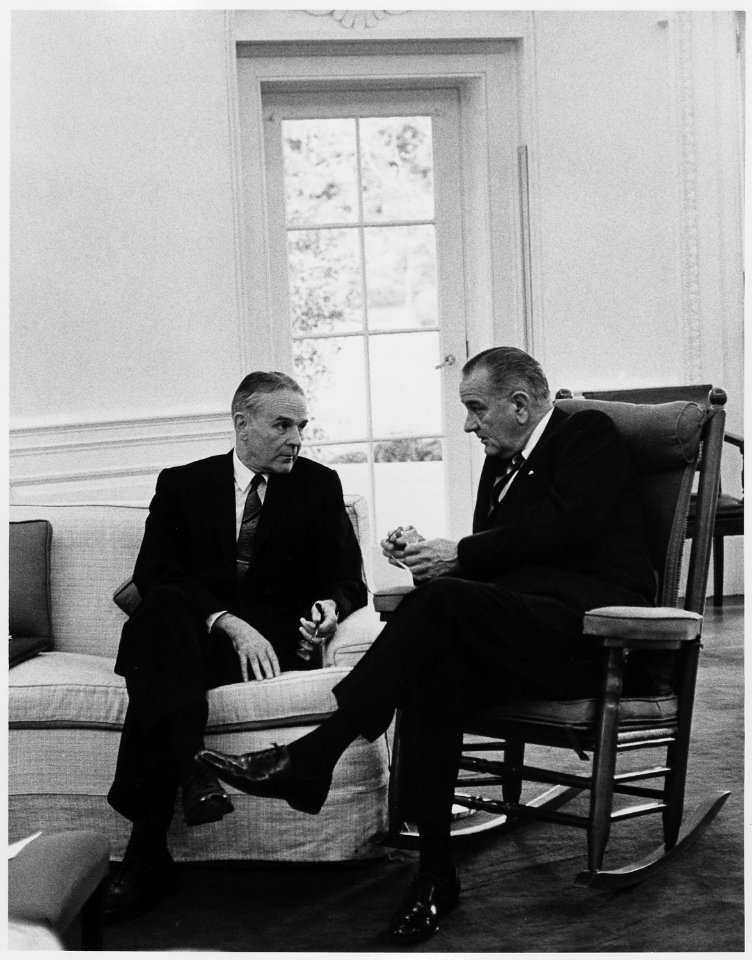 Advisors, General Maxwell Taylor and President Lyndon B. Johnson - NARA - 192551