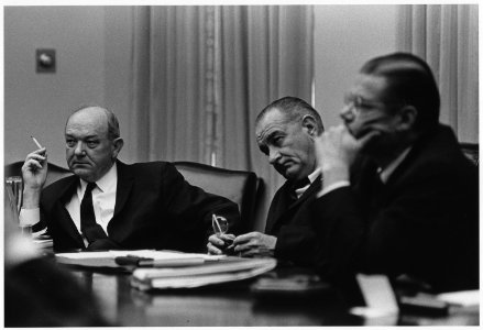 Advisors, Secretary of State Dean Rusk, President Lyndon B. Johnson, and Secretary of Defense Robert McNamara - NARA - 192548
