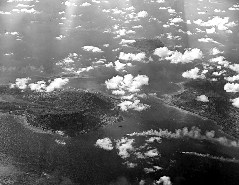 Aerial photo of Truk with burning ships 1944