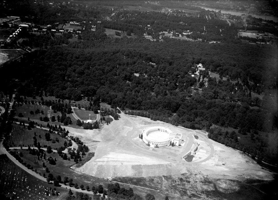 Aerial photo looking NW at Memorial Amphitheater under construction - Arlington National Cemetery - Arlington County VA USA - 1919