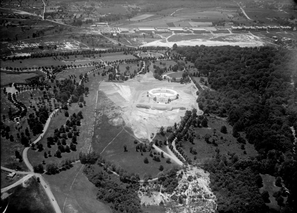 Aerial photo looking W at Memorial Amphitheater under construction - Arlington National Cemetery - Arlington County VA USA - 1919