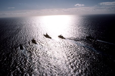Aerial port quarter view of USS Iowa (BB-61) battle group underway in formation Mediterranean September 1987 DN-ST-88-00263
