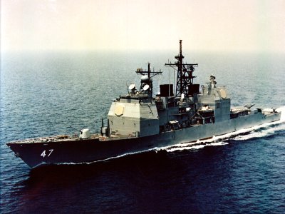 Aerial port bow view of USS Ticonderoga (CG-47) underway during sea trials May 1982 DN-SC-84-00168
