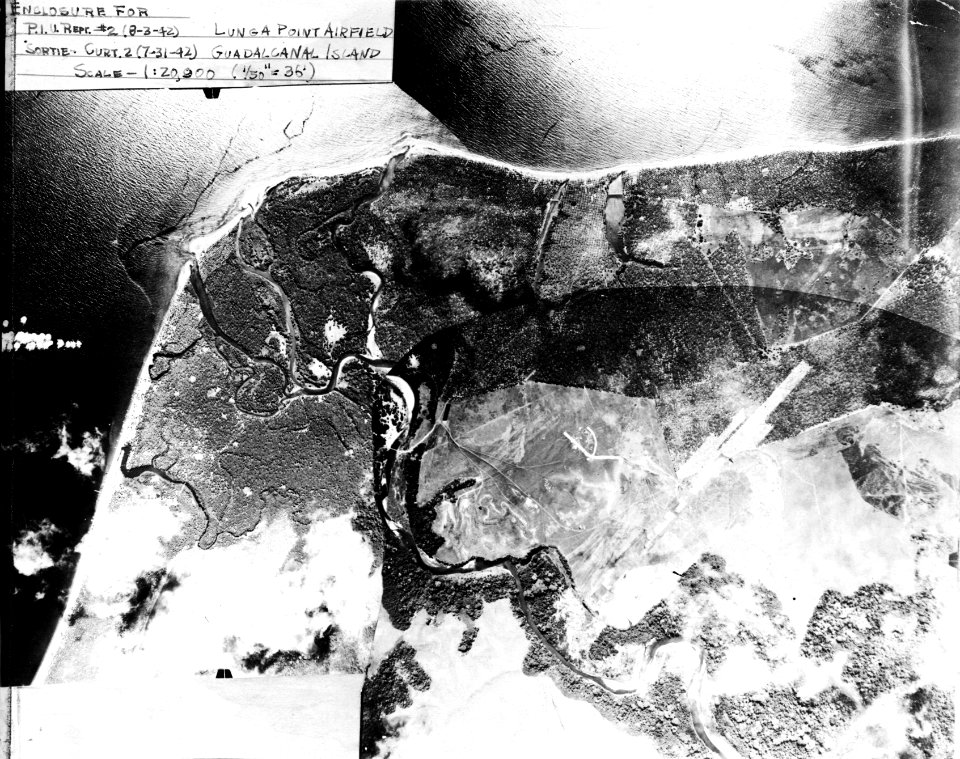 Aerial reconnaissance photo of Lunga Point, Guadalcanal on 31 July 1942