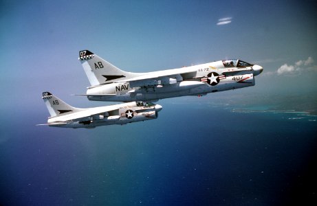 Aerial right side view of two VA-72 A-7E Corsairs in flight DN-ST-84-05131