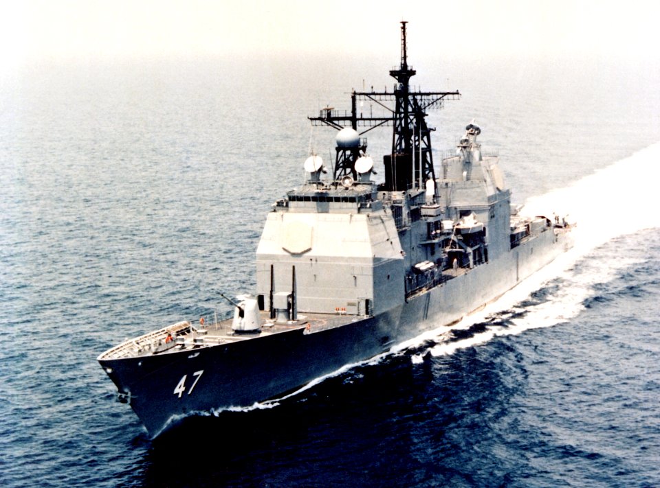 Aerial port bow view of USS Ticonderoga (CG-47) underway during sea trials May 1982 DN-SC-84-00167