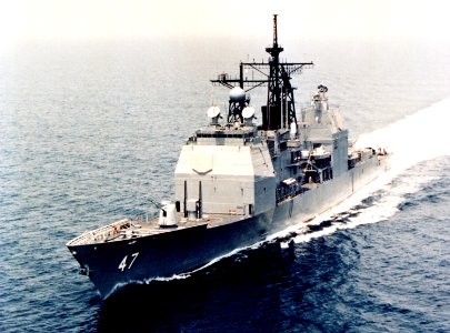 Aerial port bow view of USS Ticonderoga (CG-47) underway during sea trials May 1982 DN-SC-84-00167