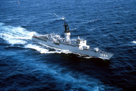 Aerial starboard bow view of USS Pharris (FF-1094) underway during Unitas XXI DN-ST-82-10603