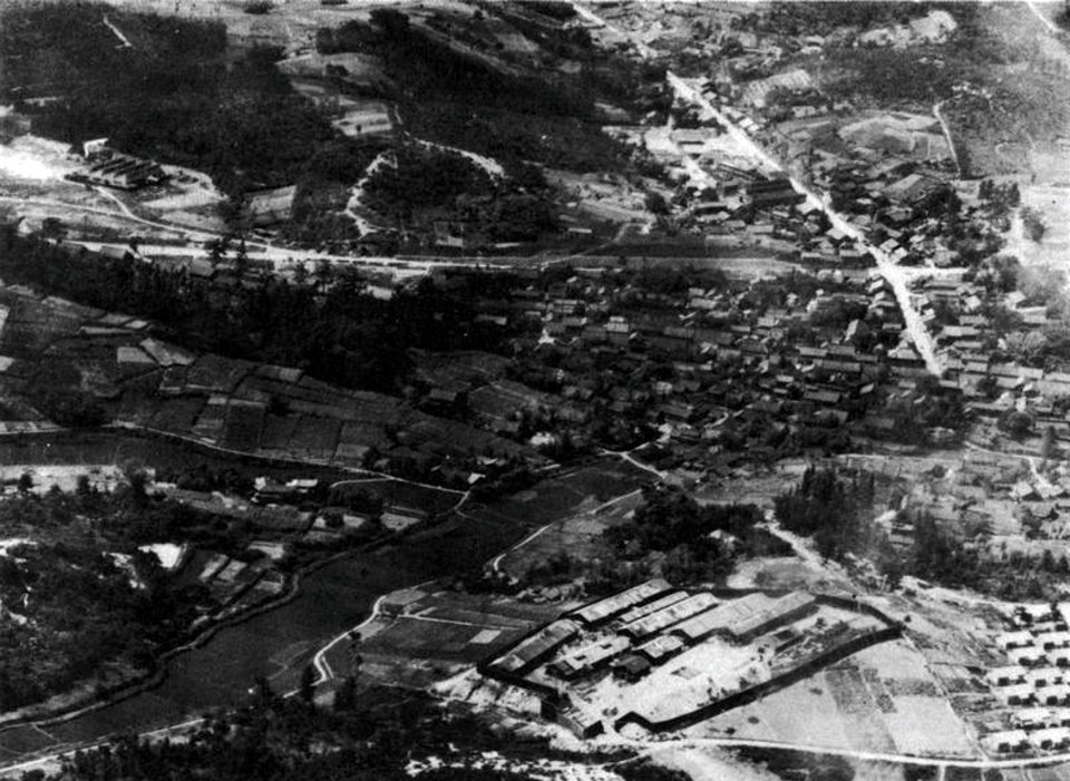 Aerial view of a prisoner-of-war camp near Nagoya, Japan, in August 1945