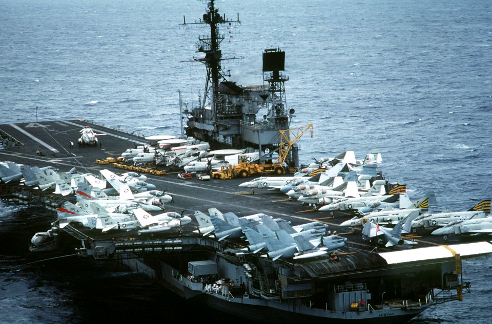 Aerial view (aft) of USS Midway (CV-41) on 17 May 1984