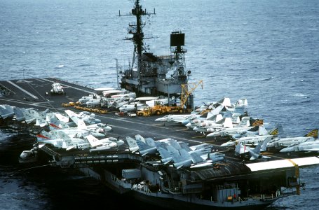 Aerial view (aft) of USS Midway (CV-41) on 17 May 1984
