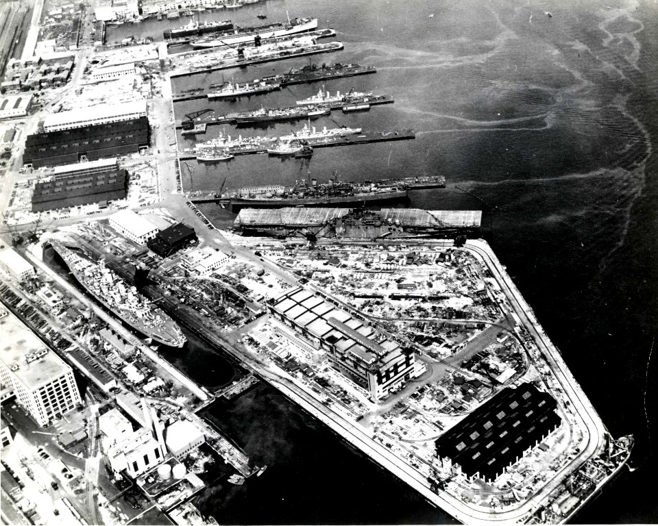 Aerial view of Boston Navy Yard, circa July 1943