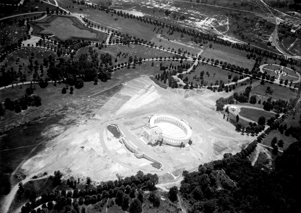 Aerial photo looking SW at Memorial Amphitheater under construction - Arlington National Cemetery - Arlington County VA USA - 1919