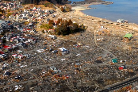 Aerial view of damage to Kirikiri, Otsuchi, a week after a 9.0 magnitude earthquake and subsequent tsunami photo