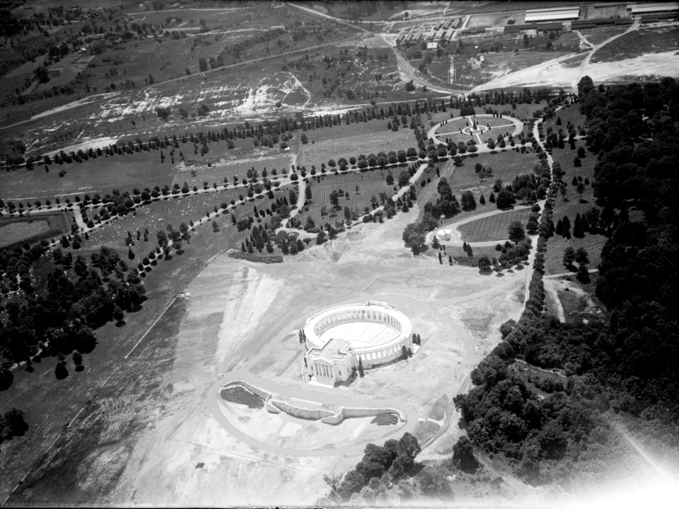 Aerial view looking SW at Memorial Amphitheater under construction - Arlington National Cemetery - Arlington County VA USA - 1919