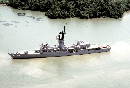Aerial port beam view of USS Pharris (FF-1094) off the South American coast during Unitas XXI 1980 DN-ST-83-00132