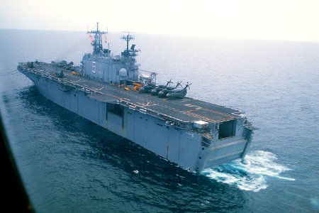 Aerial port quarter view of USS Peleliu (LHA-5) underway during Cobra Gold '85 DN-ST-88-01894
