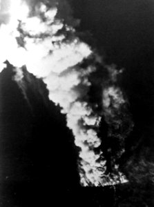 Aerial view of Iranian frigate Sahand burning after air attack Operation Praying Mantis DN-SN-89-03125