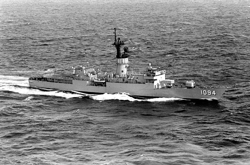 Aerial starboard beam view of USS Pharris (FF-1094) underway during Unitas XXI 1980 DN-SN-83-00278