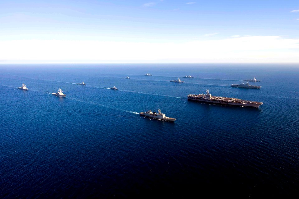 Aerial starboard bow view of United States Navy and Republic of Korea Navy ships in the formation during Exercise Invincible Spirit 100726-6720T-N-086