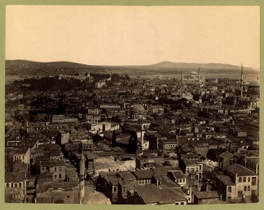 Aerial view of Istanbul showing Topkapı Sarayı (palace), and Ayasofya and Nuruosmaniye mosques; probably taken from a minaret of the Süleymaniye Camii (mosque) LCCN2003677080