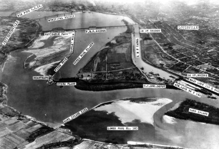 Aerial view of Falls of the Ohio and Locks and Dam No 41 circa 1930s or 1940s photo
