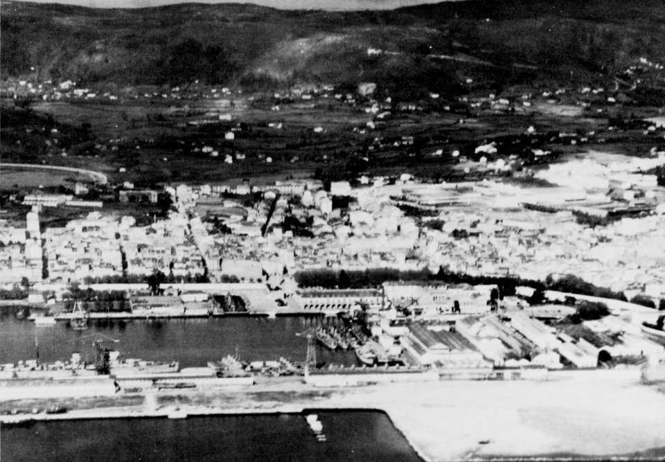 Aerial view of Ferrol dockyard (Spain) c1952