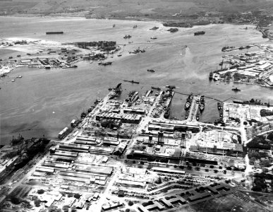 Aerial view of Pearl Harbor from the Navy Yard on 28 July 1942