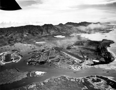 Aerial view of Pearl Harbor and Hickam AFB Oct 1940