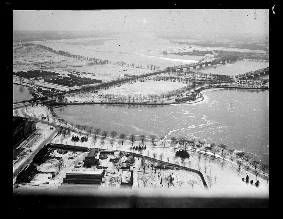 Aerial view of Potomac River with snow, Washington, D.C. LCCN2016891197