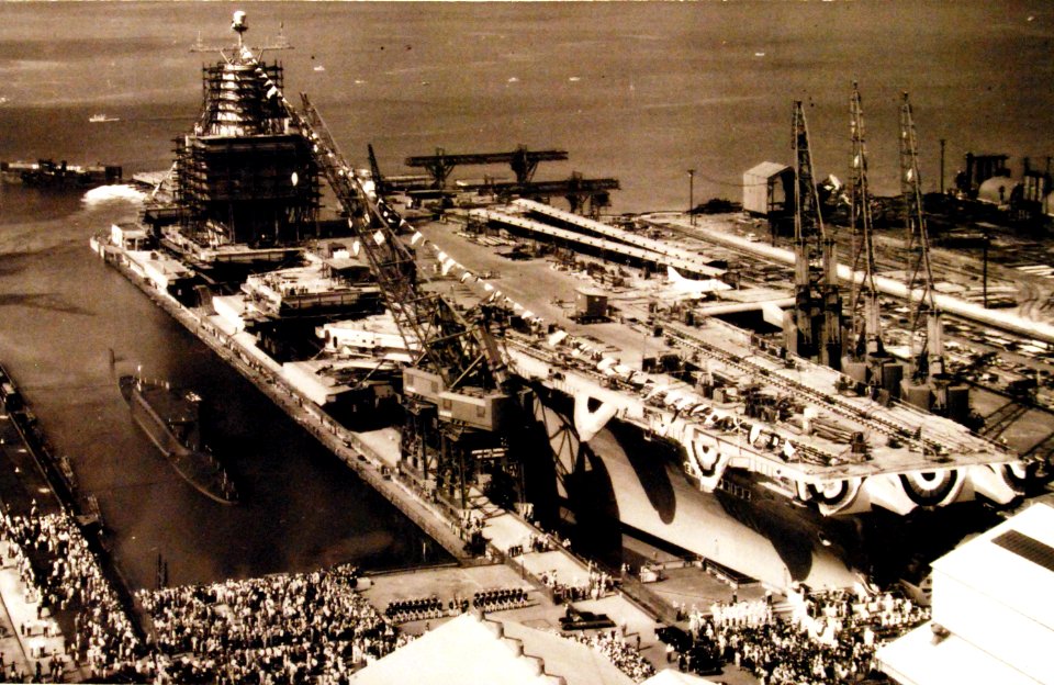 Aerial view of the launching of USS Enterprise (CVN 65), September 24, 1960