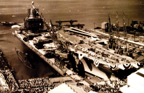 Aerial view of the launching of USS Enterprise (CVN 65), September 24, 1960