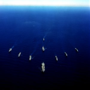 Aerial view of nine U.S. Navy ships underway in parade formation, circa in 1987 (6654903)