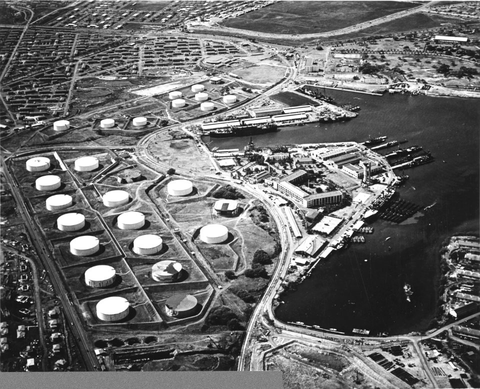 Aerial view of the Pearl Harbor submarine base and adjacent fuel tank farms on 13 October 1941 (80-G-182880)