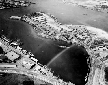 Aerial view of Pearl Harbor Naval Base, looking west, with the supply depot in upper center, 13 October 1941 (80-G-451131)