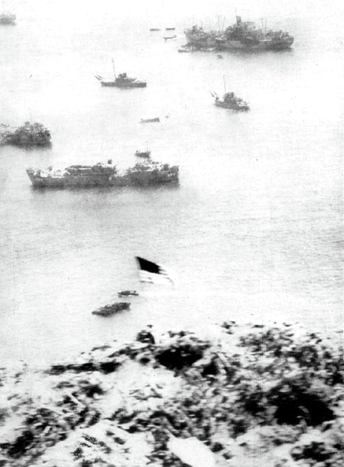 Aerial view of the U.S. flag on Mount Suribachi, Iwo Jma, circa in February 1945