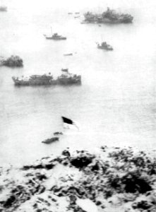 Aerial view of the U.S. flag on Mount Suribachi, Iwo Jma, circa in February 1945