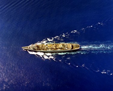 Aerial view of USS Camden (AOE-2) underway in August 1987