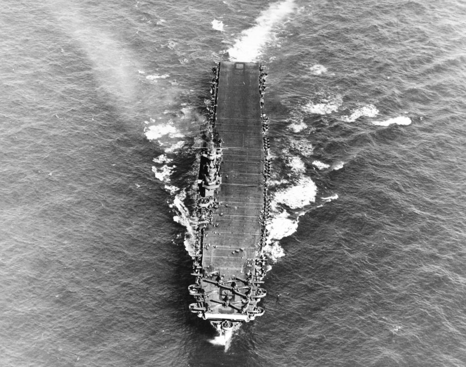 Aerial view of USS Enterprise (CV-6) in March 1944