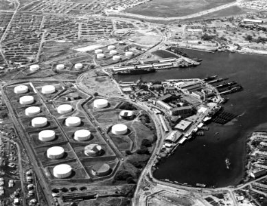 Aerial view of the Pearl Harbor submarine base and adjacent fuel tank farms on 13 October 1941 (NNAM.1996.488.029.028)