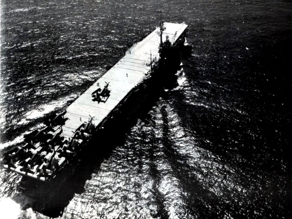 Aerial view of USS Cabot (CVL-28) underway in early 1952